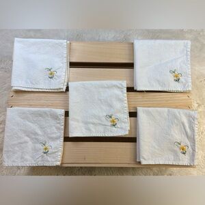 Lot of Five Vintage White Handkerchiefs w/ Embroidered Yellow Flower CottageCore